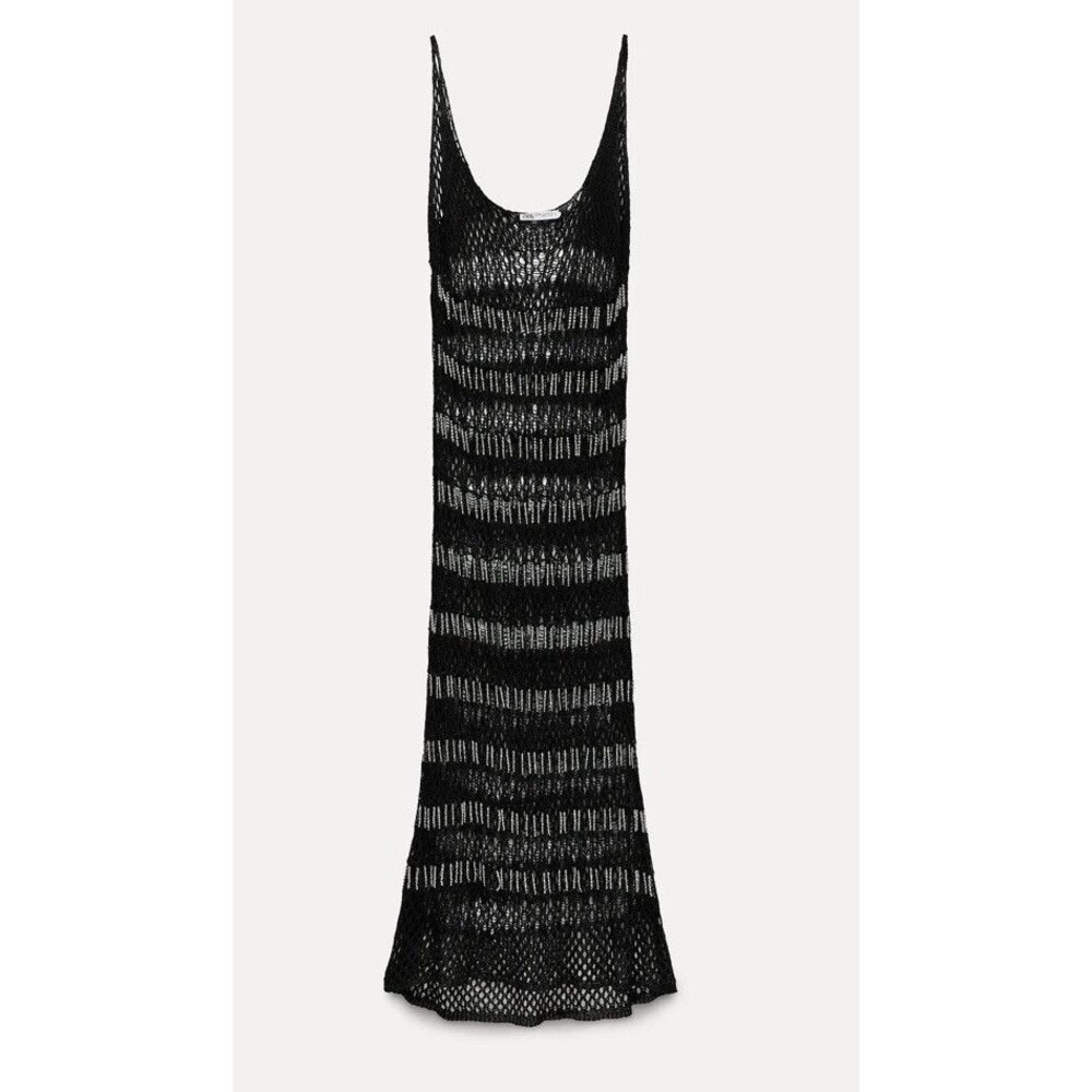 ZARA WOMAN BLACK BEADED MESH MIDI DRESS SLEEVELESS SIZE SMALL